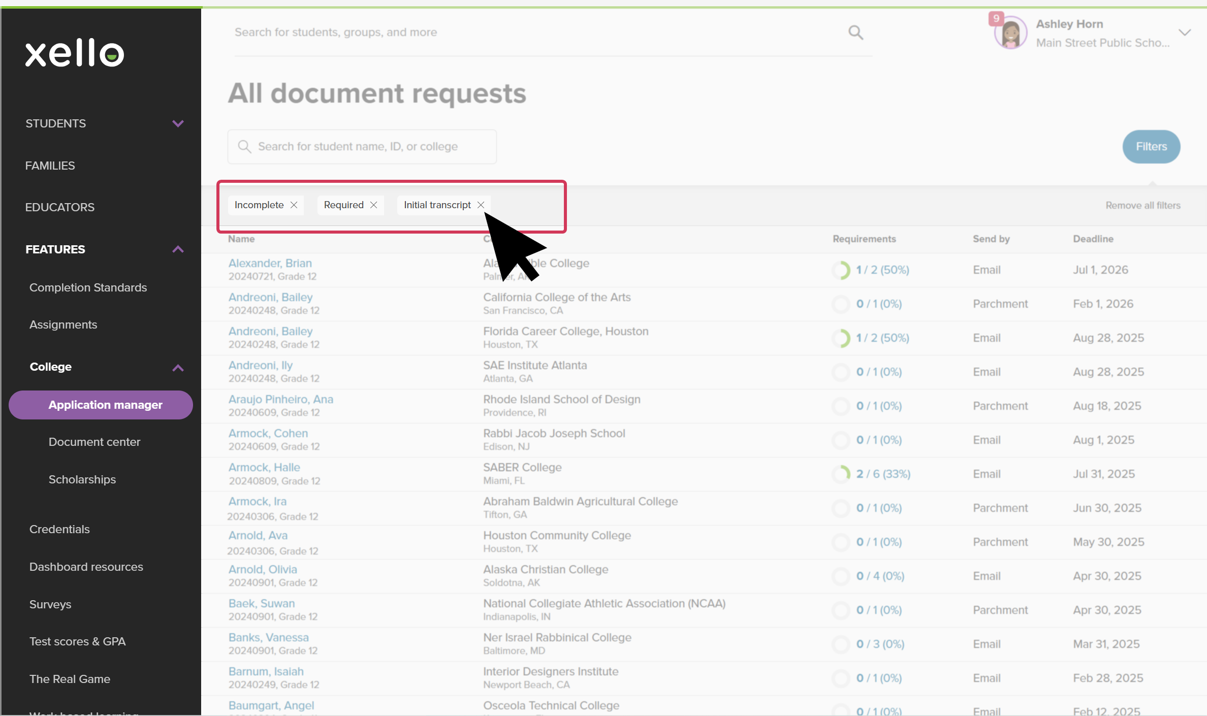 Document requests page in Xello. There are three filters applied and highlighted: "Incomplete", "Required", and "Initial transcript". The cursor is clicking the X next to "Initial transcript" to remove it.
